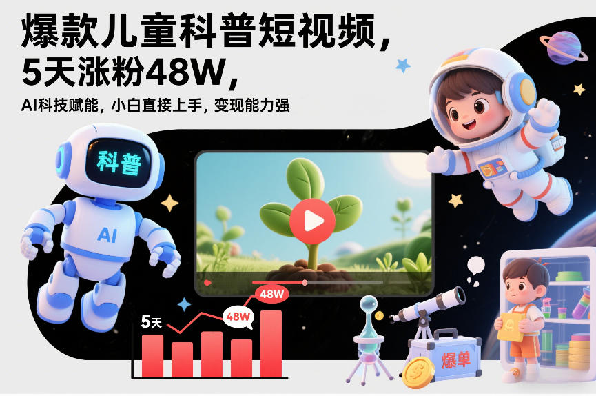 爆款儿童科普短视频，5天涨粉48W，AI科技赋能，小白直接上手，变现能力强，橱窗带货爆单不停-创客联盟