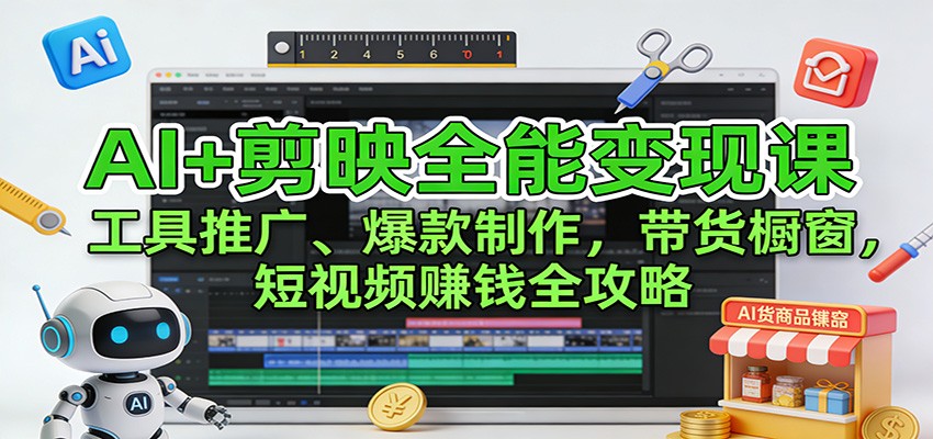 AI+剪映全能变现课：工具推广、爆款制作、带货橱窗，短视频赚钱全攻略-创客联盟