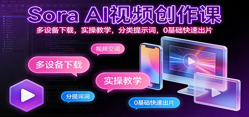 Sora AI视频创作课：多设备下载，实操教学，分类提示词，0基础快速出片-创客联盟