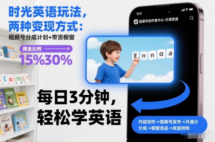 时光英语玩法,两种变现方式:视频号分成计划+带货橱窗-创客联盟