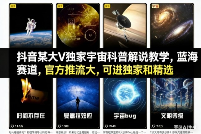 抖音某大V独家宇宙科普解说教学，蓝海赛道，官方推流大，可进独家和精选-创客联盟