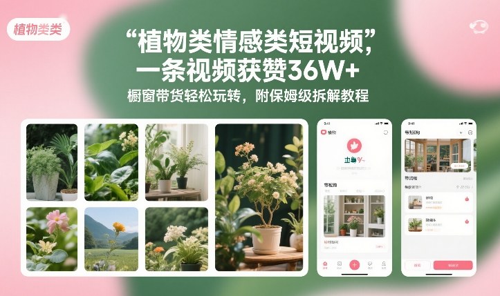 植物类情感类短视频，一条视频获赞36W+，橱窗带货轻松玩转，附保姆级拆解教程-创客联盟