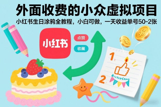 外面收费的小众虚拟项目，小红书生日涂鸦全教程，小白可做，一天收益单号50-2张-创客联盟