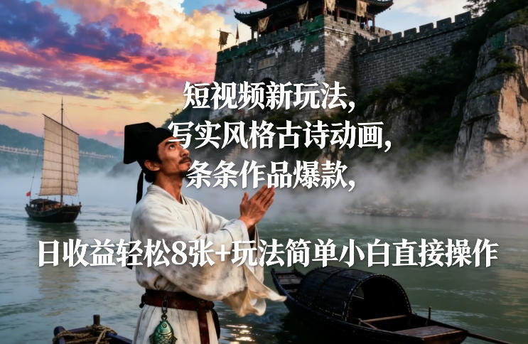 短视频新玩法，写实风格古诗动画，条条作品爆款，日收益轻松8张+玩法简单小白直接操作-创客联盟
