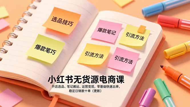 小红书无货源电商课，开店选品、笔记搬运、运营变现，零基础快速出单，稳定日销数十单(更新-创客联盟